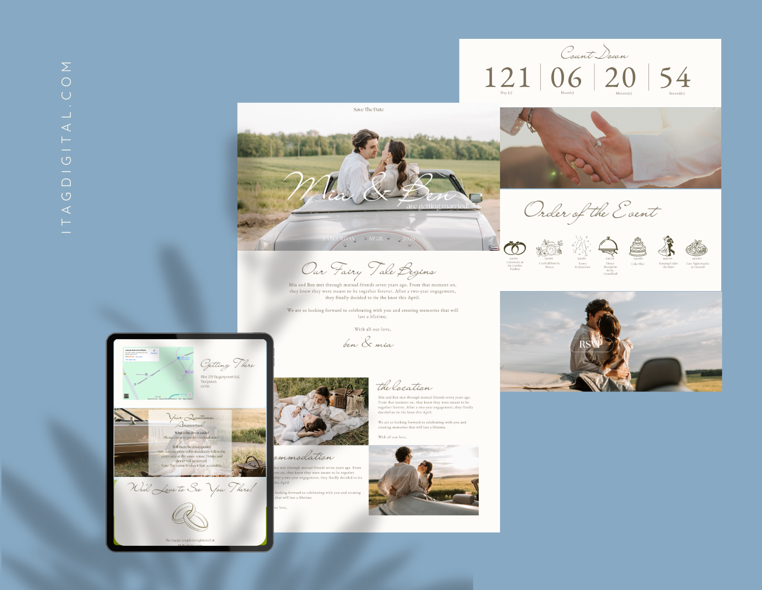 Mobile-friendly wedding RSVP website design with countdown and event details by iTagDigital