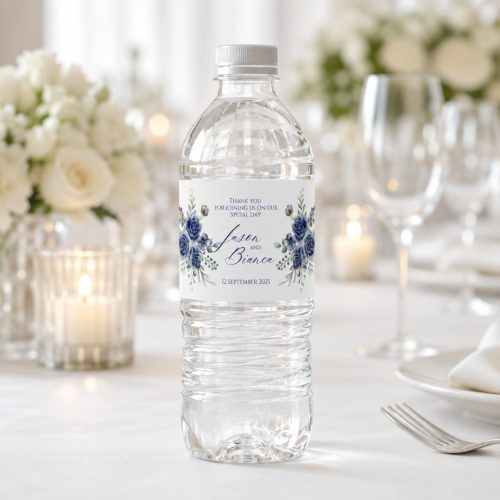 Blue Floral Waterbottle label for weddings